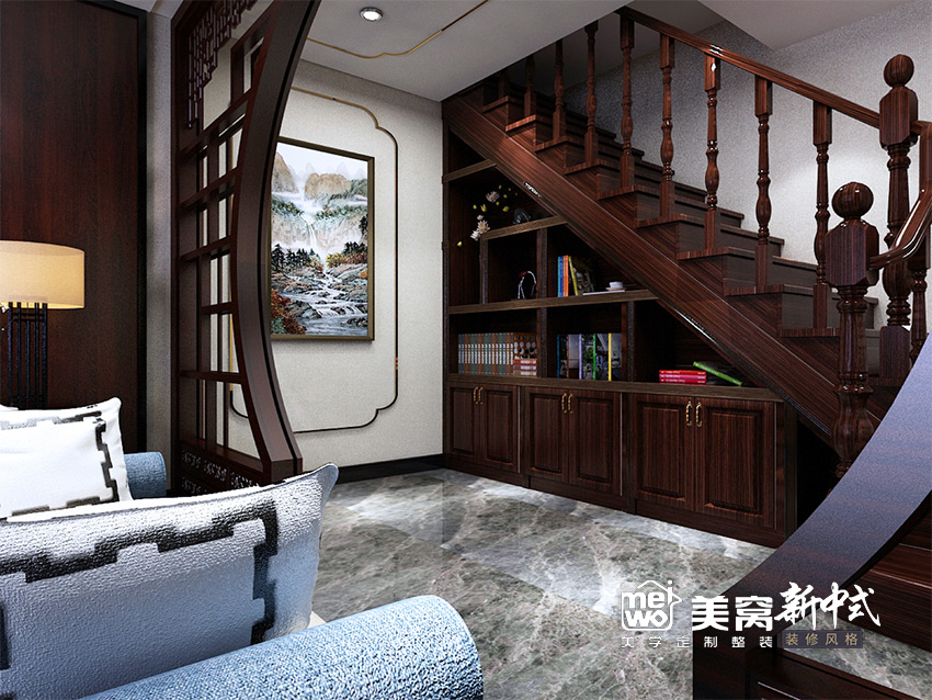 黄河龙城·瞰湖高层新中式loft楼梯装修效果图,国美美窝装饰设计